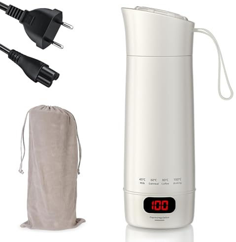 AEMCHDM 400ML Bollitore Elettrico da Viaggio, 4 Livelli di Regolazione Della Temperatura Mini Bollitore da Viaggio Portatile, Bollitore Elettrico Piccolo in Acciaio Inox 304 con Spegnimento Automatico