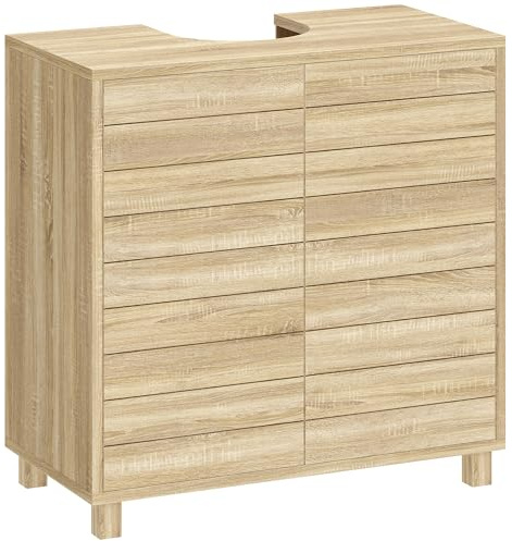 HOMCOM Mueble Bajo Lavabo, Mueble de Baño con Estante Ajustable, Puertas de Listones y Apertura por Presión, para Lavabo con Pedestal o Pared, 60x30x60 cm, Natural