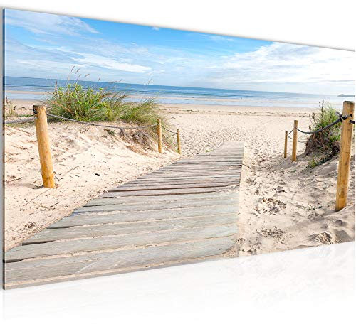 Runa Art Wandbild Strand Meer 1 Teilig 100 x 40 cm Modern Bild auf Vlies Leinwand Panorama Schlafzimmer Wohnzimmer Beige Blau 607312b