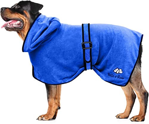 Bella & Balu Hundebademantel aus Mikrofaser, Pfotentuch - Saugfähiger Hunde Bademantel zum Trocknen nach dem Baden, Schwimmen oder Spaziergang im Regen - L - Blau