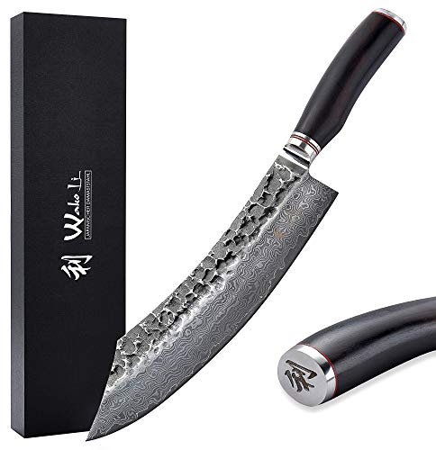 Wakoli EBO Damastmesser Blockmesser 25 cm Klinge scharfes Küchenmesser aus 67 Lagen Damaststahl mit Hammerschlag, VG10-Kern, Griff aus schwarzer Eiche Geschenk für Männer, Fleisch, Fisch, BBQ