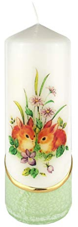 Meissner-Handel Auswahl * Osterkerze Stumpenkerze Osterdeko * 6 x 18 cm * mit farbigen Wachs- und Bildauflagen * Auswahl Motiv + Farbe * grün * (Motiv 013)