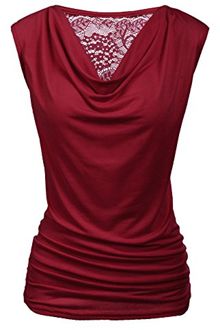 PINSPARK Top Women's Lace Tank Top V-Neck Top Waterfall Sleeveless Blouse Casual Summer Blouse Top Party Pleated Vest Basic Tank Tops, Wine red, M