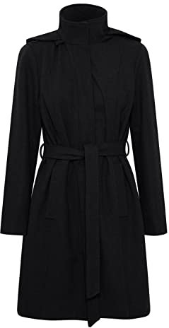 fransa FRSAGA Damen Übergangsjacke Jacke Mantel mit Wollanteil verdeckter Reißverschluss mit Kapuze mit Gürtel, Größe:M, Farbe:Black (200113)