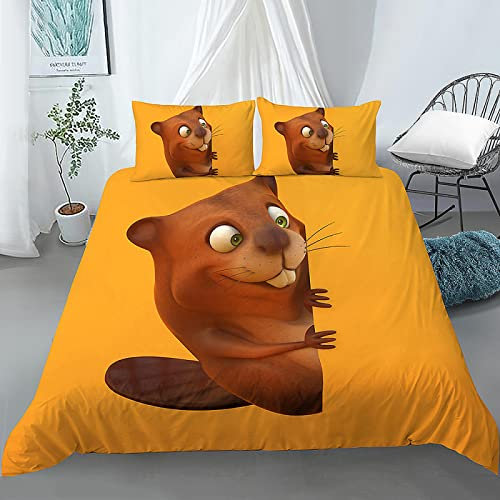 NDXRWDZR Super King Size Duvet Cover Yellow Beaver Duvet Cover with Zipper Closure Bedding for Aldults Kids Soft Breathable Microfiber Duvet Cover 260x220 cm + 2 Pillowcases 50x75 cm