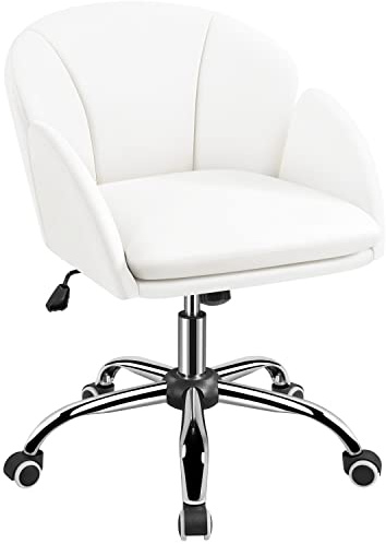 Yaheetech Faux Leather Desk Chair Cute Makeup Vanity Chair Modern Swivel Rolling Armchair for Home Office, Bedroom, Living Room White