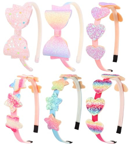 DRESHOW 6 Pièces Bandeaux à Nœuds pour Filles Bandeau Pailleté pour Enfants Bandeau Étoile en Cœur pour Bambins Adolescents