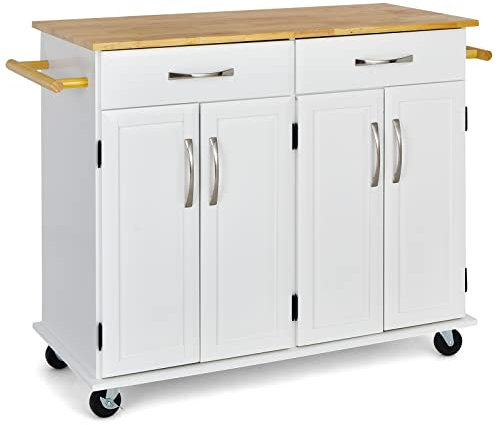 COSTWAY Kitchen Island on Wheels, Rolling Storage Trolley Cart with Rubber Wood Countertop, 2 Cabinets, 2 Drawers, Towel Racks & Adjustable Shelf, Home Dining Room Serving Organiser Cabinet (White)