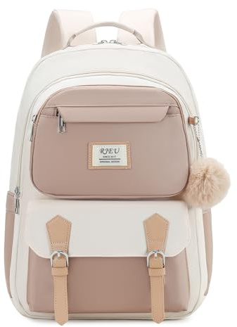 RJEU skolryggsäck, astetisk bokväska med 15,6 tums laptopfack för gymnasium högskolestudenter, söta barn skolväska, Khakibeige, 15.6inches
