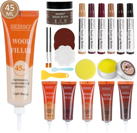 SEISSO 45 ML Kit Riparazione Legno Stucco per Legno, 22 pezzi Set per Riparazione Mobili, Set di Penne per Riparazione Legno per Graffi, Crepe, Macchie, Fori, Armadi, Scale