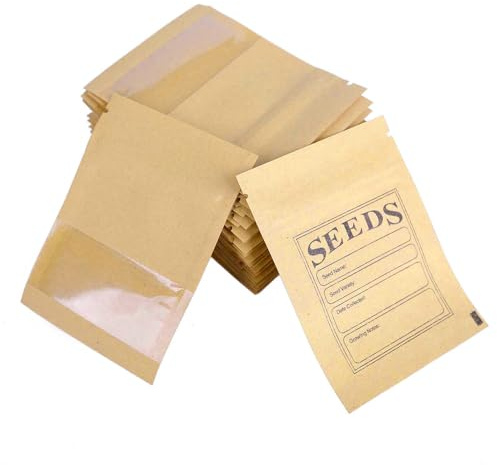 WACCOMT Pack 100 St Små Bruna Återförslutningsbara Kraftpapper Fröpaket med Klara Fönster Myntkuvert Dragkedja för Frö Blomma Förvaring 7x9.5 cm (2.7x3.7 tum)