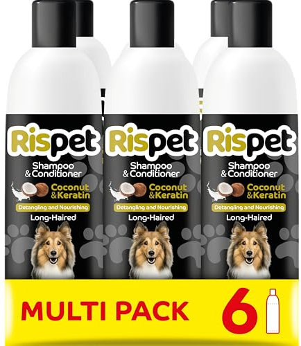 RISPET Shampoing Démêlants Noix de Coco et Kératine, Nettoyant pour Chiens et Animaux à Poils Longs, Formule Délicate sans Allergènes et pH Équilibré, Parfum Noix de Coco, 6x370 ML