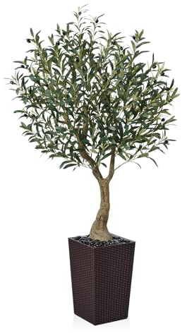 VeriNatural Artificial Olive Tree 150 cm - Tall Faux Plant with 1232 Silk Leaves, 55 Fruits, UV Resistant with Brown Taper Planter - Large Artificial Plants for Indoors Outdoors Home Garden, VN137