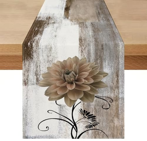 Chemin de Table Rétro Gris Dahlias 40 x 140 cm Lavable Chemin de Table Imperméable Champetre Tissu Nappe Décorative pour Anniversaire Cuisine Café Vacances Fêtes Mariage