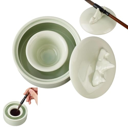 PH PandaHall Encrier en Porcelaine Encrier de Calligraphie Chinoise en Forme de Montagne Plaque D'Encre en Céramique avec Bol Porte Pinceau pour Pratique la Calligraphie Chinoise Japonaise Vert Clair