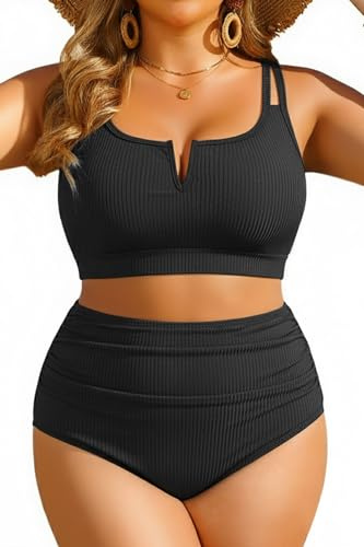 Yonique Women Plus Size High Waisted Bikini - Ribbed Two Piece Swimsuit Tummy Control Bathing Suit V-Wired 2025 Swimwear Black 18W