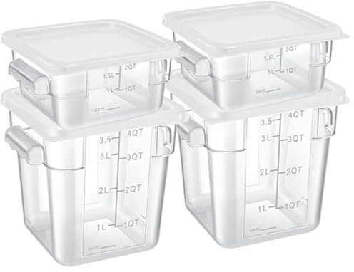 4 Pcs Clear Food Storage Boxes with Lids, 2L and 4L Square Polycarbonate Containers with Handles & Graduated Markings, Kitchen Storage for Dough Proving, Marinating Meat, Catering Use (White)