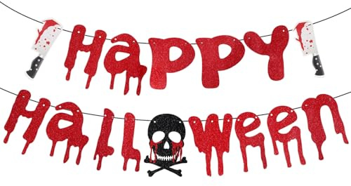 Pancarta de Feliz Halloween, Decoraciones Fiesta de Halloween Aterradoras Guirnalda Pancarta Sangre Roja con Calavera y Cuchillo Falso para Temáticas Películas Terror y Vampiros Zombis