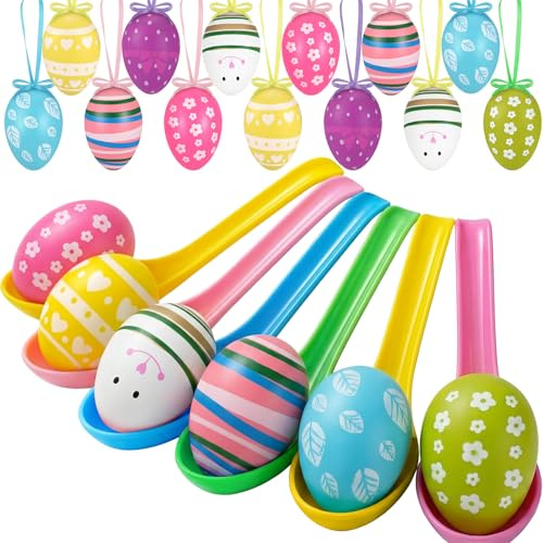 Wettarn 48 Pcs Easter Egg and Spoon Race Game Set 24 Eggs & 24 Colorful Spoons Fun Relay Race Games for Family Activities, Indoor Outdoor Easter Parties, Holiday Favors & Birthday Supplies