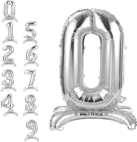 APXEL Silverfolieballonger, med nummer 0, 40 tum (101 cm), uppblåsbara helium eller luft, jättesiffror, stor ballong för jubileum, födelsedagsfest dekoration
