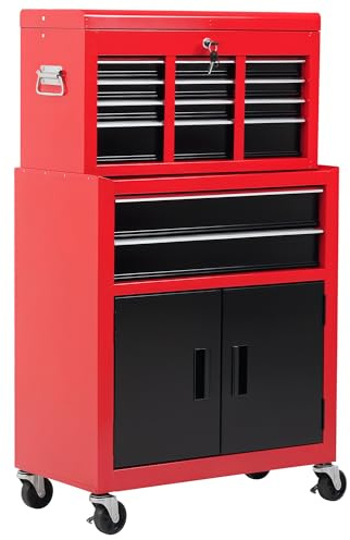 HOMCOM Carro de Herramientas con Baúl Superior, 2 en 1, Carro de Taller con 6 Cajones, Armario, Cerradura, 4 Ganchos, 2 Ruedas con Freno de Bloqueo, para Garaje, Hogar, Rojo