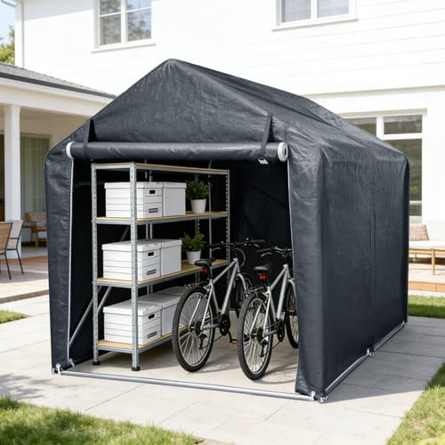 Monucep Utrustningsskjul 218 x 157 x 166 cm, väderbeständigt cykelgarage av 160 g PE-presenning, garagetält med galvaniserad stålram, UV-skydd och dragkedjedörr, för 2 cyklar, trädgårdsredskap