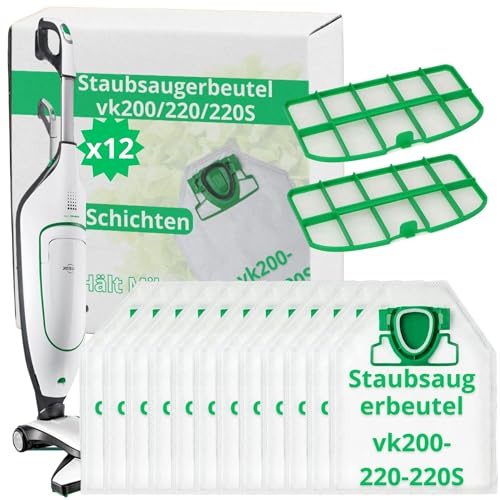 NAMAI - Set di 12 Sacchetti Folletto VK200 e VK220s + 2 Filtro Folletto VK200, Compatibili e Sicuri, Ricambi Folletto, Sacchetti Aspirapolvere Folletto (12 Sacchetti + 2 Filtri)