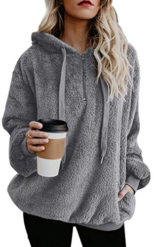 Century Star Womens Fuzzy Hoodies Pullover Sport Hoodie Cozy Oversized Pockets Hooded Sweatshirt Athletic Fleece Hoodies Grey Medium