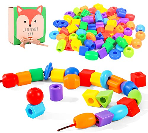 Plastic Lacing Beads for Kids with Fun Shapes, Long String, and Brilliant Colors, Educational Occupational Therapy Toys-Fine Motor Toys，Montessori Toy for 3 Year Old and Above（70 pcs）