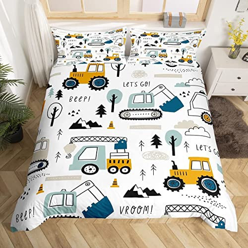 Loussiesd Cartoon Car Kids Bedding Set Construction Duvet Cover for Gift Boxes Christmas Decor Equipment Trucks Comter Excavator Tractor White Yellow Bedspread Bedroom Single 2Pcs