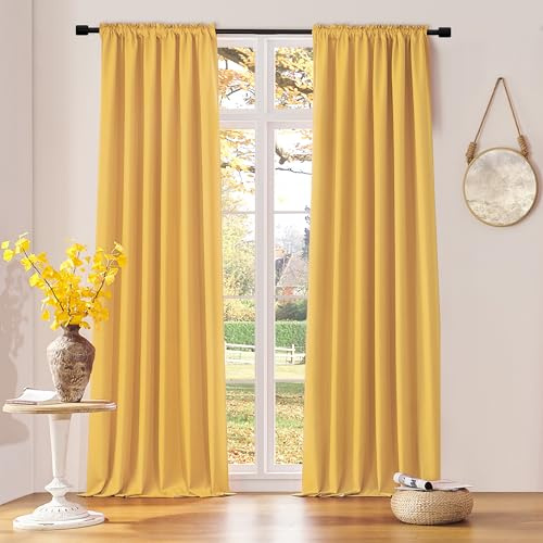 DONREN Patio Blackout Curtain Panels - Home Decoration Thermal Insulated Rod Pocket Blackout Drapes - 2 Panels Gold Yellow Backdrop 5FT x 8FT Curtains for Parties