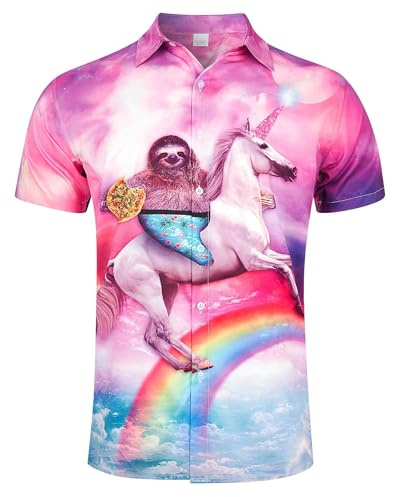 RAISEVERN Mens Shirt Funny Stag Unicorn Sloth Graphic Festival Bad Taste Funky 3D Print Shirts Pancake Ugly Awful Hawaiian Crazy Rave Party, XL