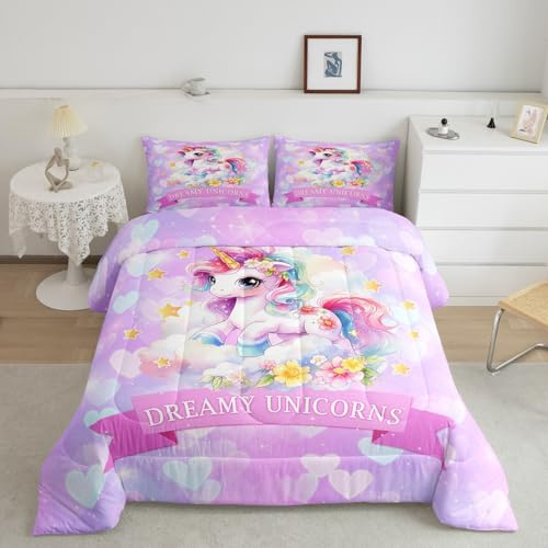Juego de edredón infantil de unicornio rosa y azul, juego de ropa de cama de unicornio de ensueño para mujeres y niñas, edredón suave con estrellas y cielo estrellado, juego de edredón acolchado