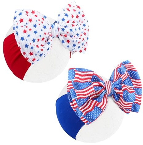 Lanmerry Hairband - 2Pcs 6 inches Baby Girl Bows Headbands with American Flag and Stars, One Size Fit All, Wonderful Gift for 4th of July, Baby Showers, Baby Gifts and Family Photography, Bright Color