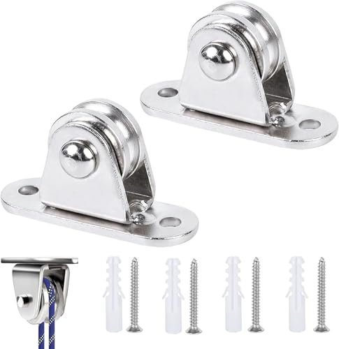 Poleas de metal, bloque de pie, polea con rodamiento dúplex, polea con rodamientos, con 4 tornillos y 4 casquillos de plástico blancos, para manipulación, elevación y transporte, 2 unidades