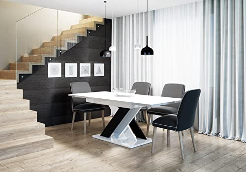 BRONX Extendable Dining Table 140-180cm, Black & White Gloss | Modern rectangular table, high gloss surface. Ideal for kitchen and dining room, 6-8 seater.