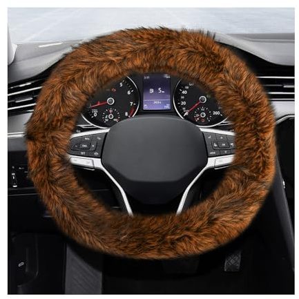 SHMZK Fluffy Steering Wheel Cover, 15 Inch Anti-Slip Microfiber Plush Fuzzy Steering Wheel Cover, Winter Warm Elastic Fuzzy Steering Wheel Covers for Women and Men, Car Accessories (Brown)