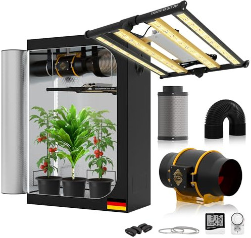 Growzelt Komplettset mit 240W LED Vollspektrum Grow Lampe – 120x60x180cm Anbauzelt mit 150mm Aktivkohlefilter, EC Abluftventilator, Zubehör – Ideal für Indoor Pflanzenanbau