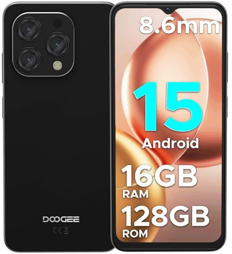 DOOGEE N55 Telefono Movil 2025, Smartphone Android 15, 16GB+128GB/2TB, 6.56 Pantalla HD+90Hz, Cámara13MP, Batería 5150mAh, 4G Dual SIM 2.4G/5G WiFi OTG, Negro