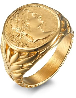 Anillo César de acero inoxidable en versiones dorada y plateada, diseño exquisito con temática de emperador romano con motivo de corona de laurel, Z+1, Metal