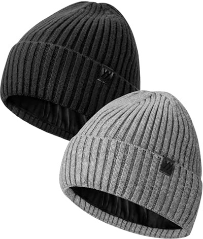 YANIKY Bonnet d'hiver pour homme et femme, doublé en polaire thermique, bonnet de ski, bonnet à revers pour temps froid, Noir + gris clair, taille unique