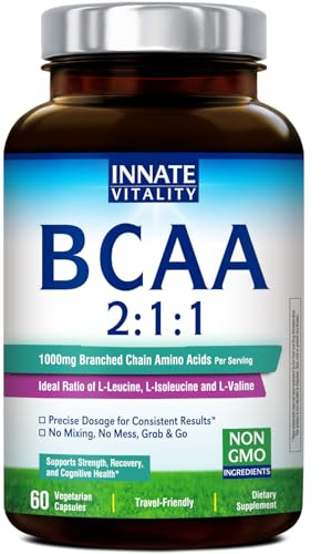 Innate Vitality BCAA Capsules, for Men & Women, 2:1:1 Branched Chain Amino Acids, L-Leucine, L-Isoleucine, L-Valine, No Mixing, No Mess, Energy, Recovery, Focus, On-the-Go, Non-GMO, 60 Count