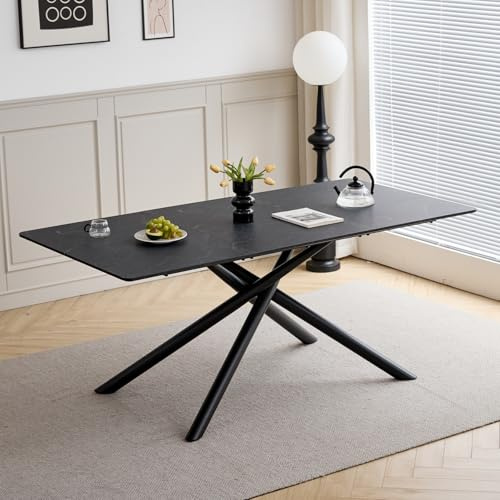 GrandCA HOME Rechteckiger Esstisch, Moderner 180 cm Küchentisch, Großer MDF-Schreibtisch mit Metallbeinen, für Esszimmer, Wohnzimmer, Büro (Schwarzer Marmor)