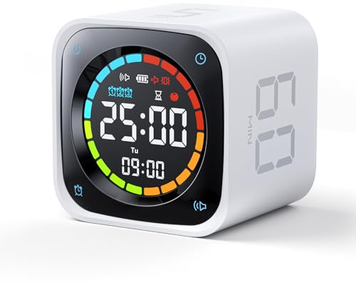 Ticktime TK3 Pomodoro Timer Cube, Desk Productivity Timer with 5/10/30/60 Min Presets, Custom Countdown, Stopwatch, Clock, 3 Alarm, Silent, Vibrate & Sound Alert, for Task, ADHD, Study, Kitchen, White