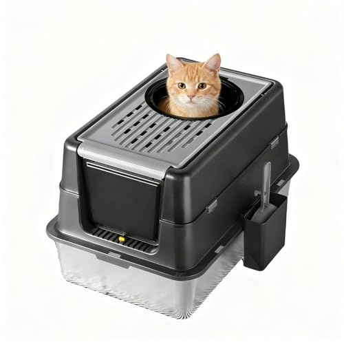GarveeHome Caja de Arena para Gatos XXL de Acero Inoxidable - Doble Entrada Frontal y Superior - Cubierta a Prueba de Fugas - Fácil Limpieza y Control de olores - para Varios Gatos - 60x40x38,5 cm