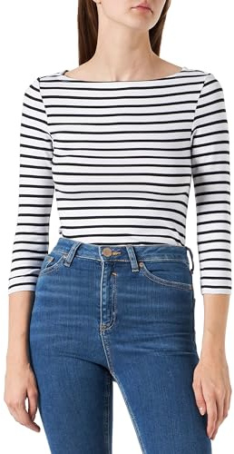Amazon Essentials Women's Slim-Fit 3/4-Sleeve Boat-Neck T-Shirt, White Stripes, XL
