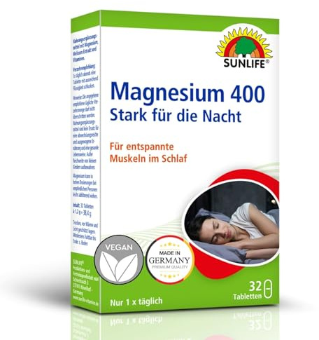 SUNLIFE Magnesium Tabletten 400mg hochdosiert Nacht 1 x 32 Stück - Magnesiumpräparate mit Vitamin C, Melisse & Vitamin E I Für Nerven & Muskeln I magnesium vegan gut verträglich