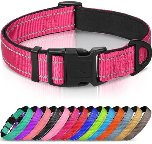 Joytale Reflekterande hundhalsband, vadderad andningsbar mjuk neopren nylon husdjurshalsband justerbar för medelstora hundar, M, skrikrosa