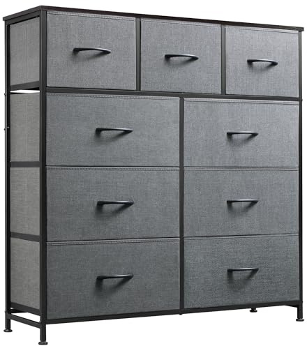 WLIVE 9-Drawer Dresser, Fabric Storage Tower for Bedroom, Hallway, Entryway, Closet, Tall Chest Organizer Unit with Fabric Bins, Steel Frame, Wood Top, Easy Pull Handle, Dark Grey