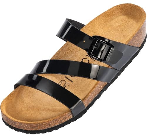 Palado Pantoletten Damen Chios - bequeme Sandalen Made in Spain - Hausschuhe mit dämpfendem Kork-Fußbett - modische Sommerschuhe Basic Schwarz Lack UK5,5 - EU38